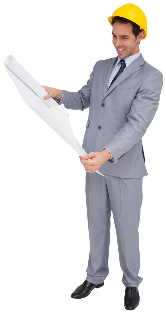 Smiling Architect in Suit with Hard Hat Looking at Building Plans - Transparent Background - Download Free Stock Images Pikwizard.com