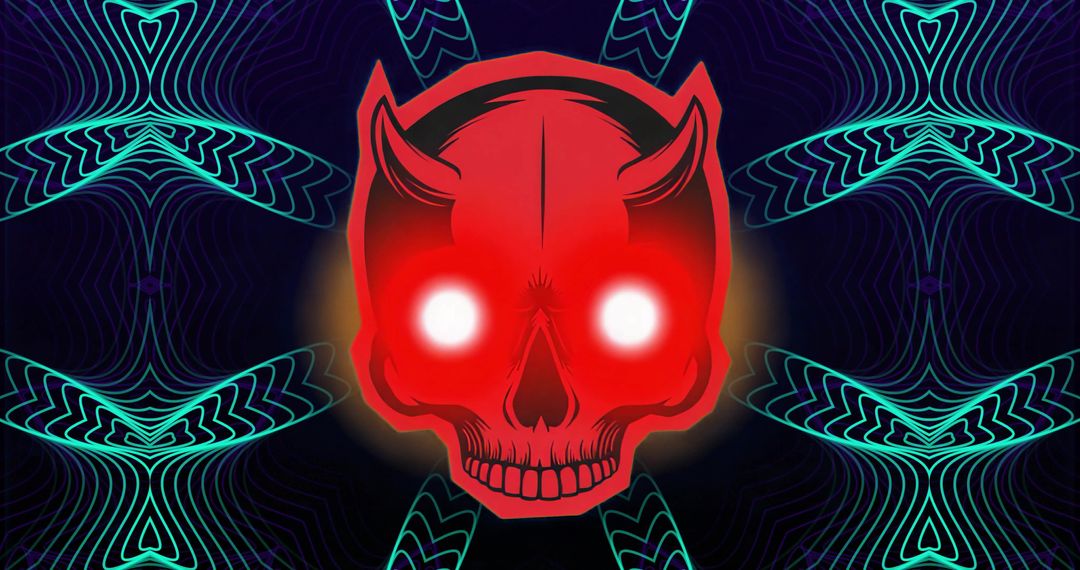 Hovering Neon Devil Skull with Glowing Eyes, Cyan Wave Patterns, Cyberpunk Horror