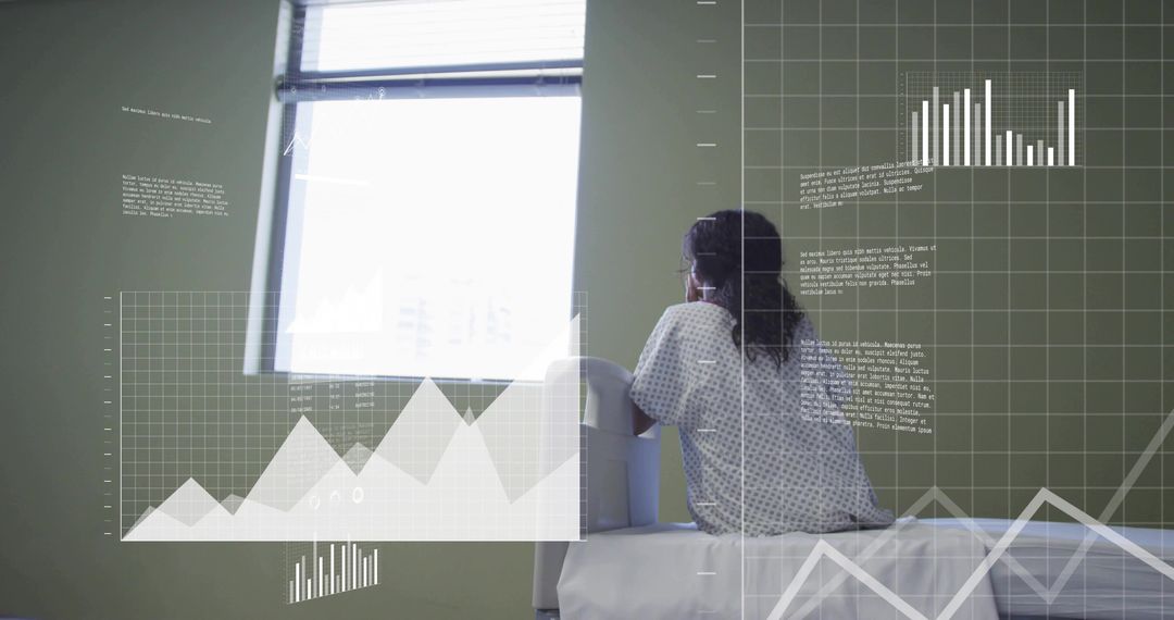Child Patient Contemplating Through Window in Clinic Room with Medical Data Overlays