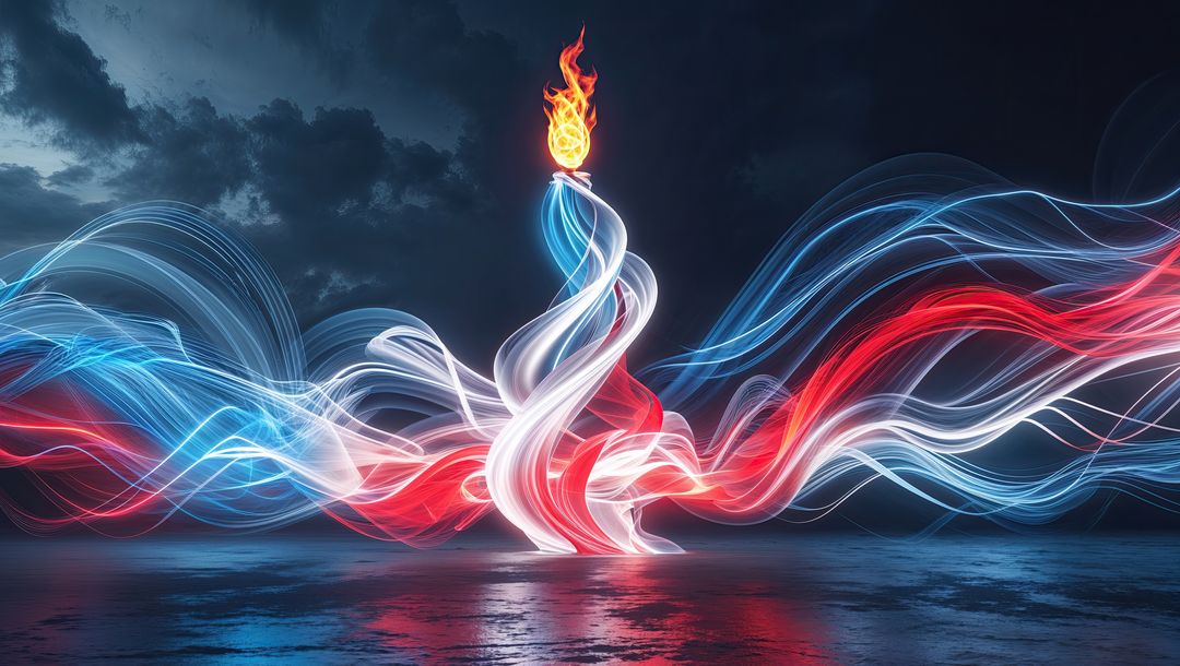 Futuristic Glowing Torch with Spiraling Light Ribbons in Stormy Sky