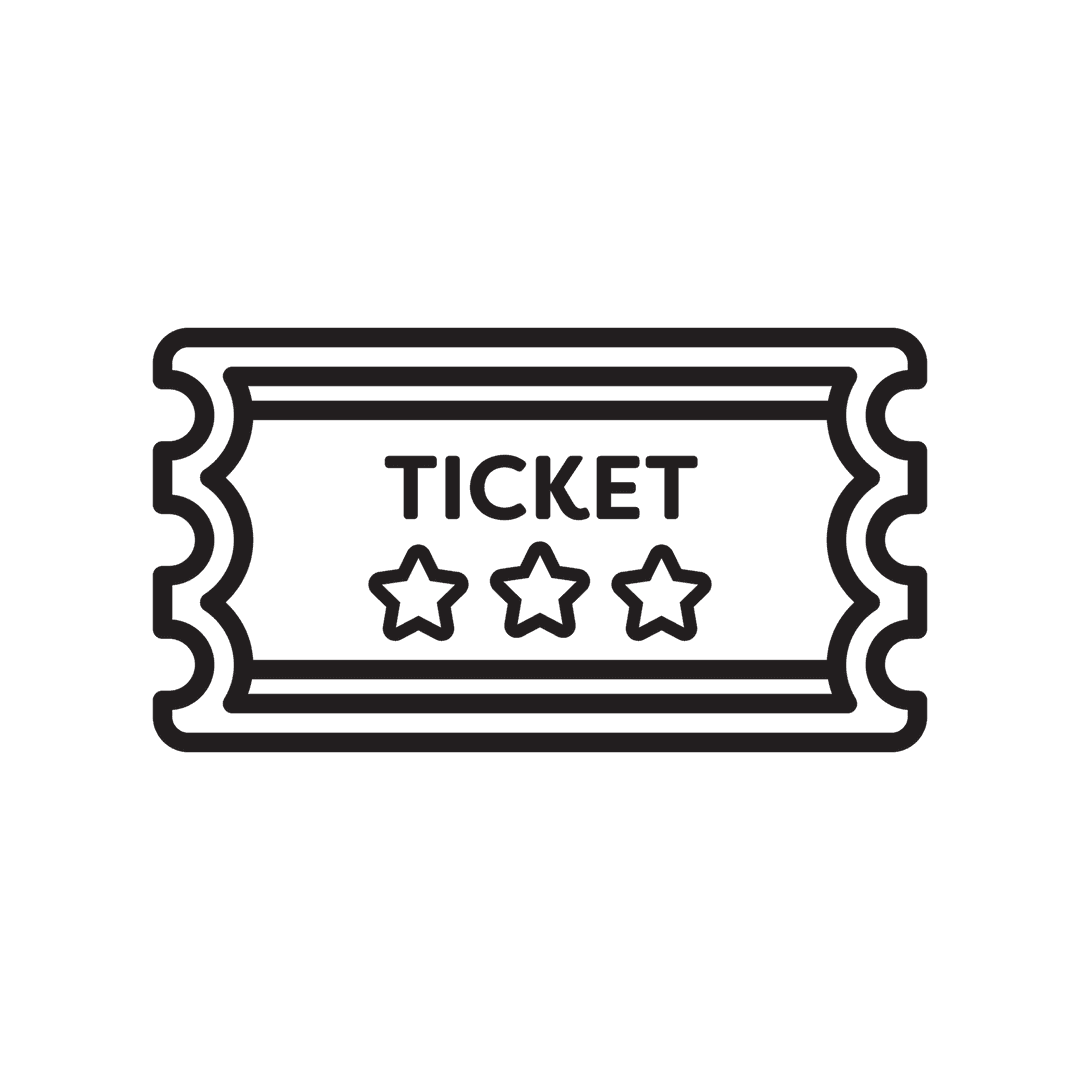 Black Icon of Ticket with Text and Stars on Transparent Background