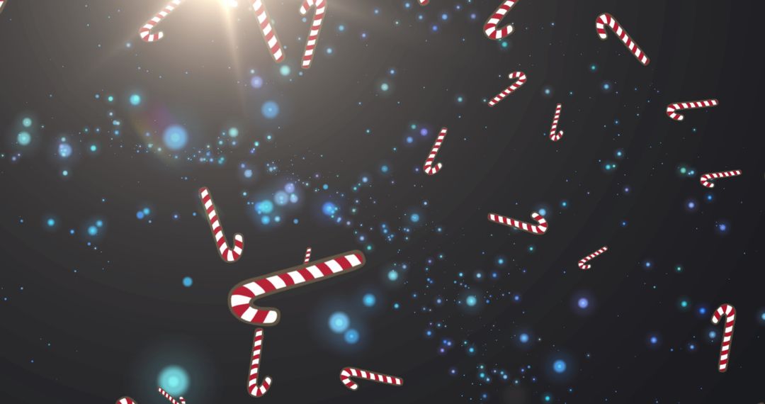 Falling Candy Canes with Blue Sparkles on Dark Background