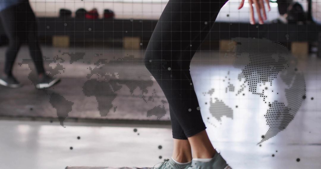 Woman Performing Step Exercises in Modern Gym with Digital Overlay