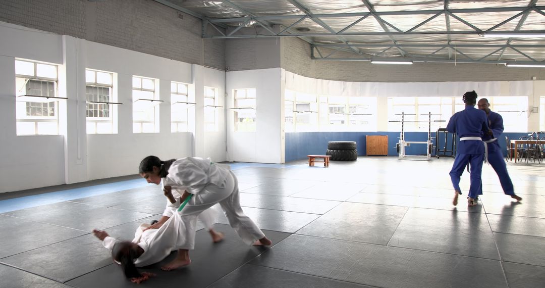 Dynamic Martial Arts Training on Tatami Mats in Spacious Gym
