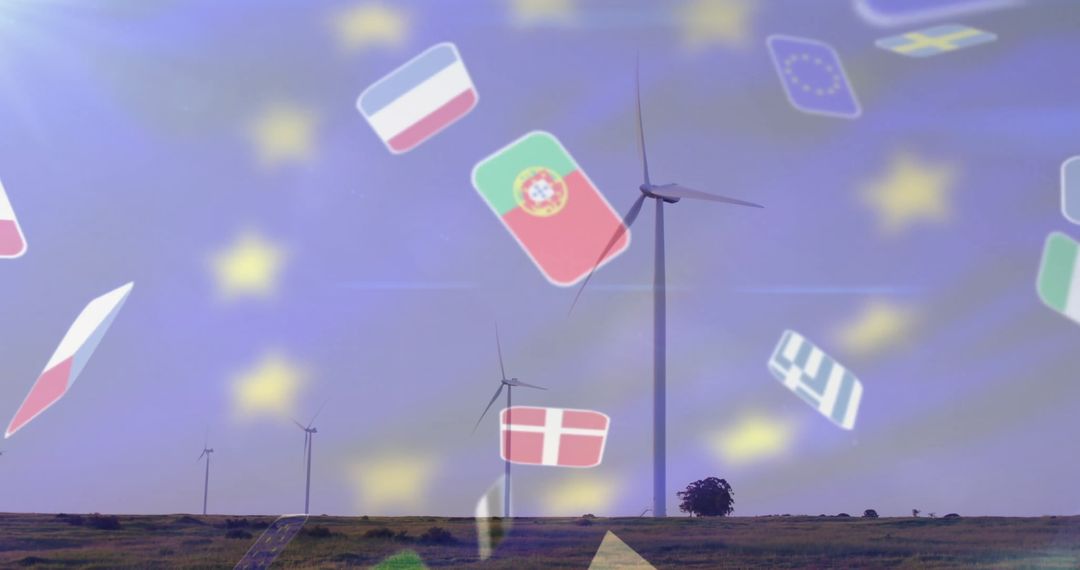 Wind Turbines with European Union Flags Symbolize Renewable Energy