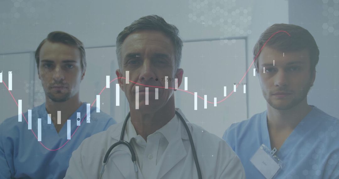 Doctors Analyzing Trend Data with Candlestick Chart Overlay