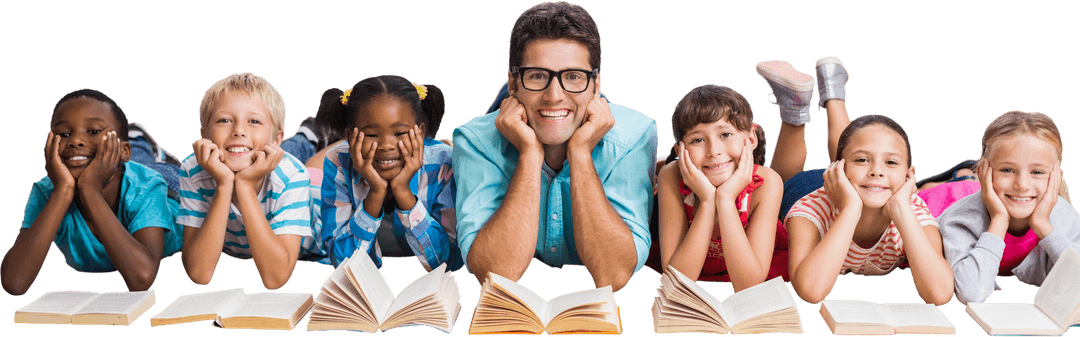 Transparent Group of Diverse Students and Teacher Lying with Books