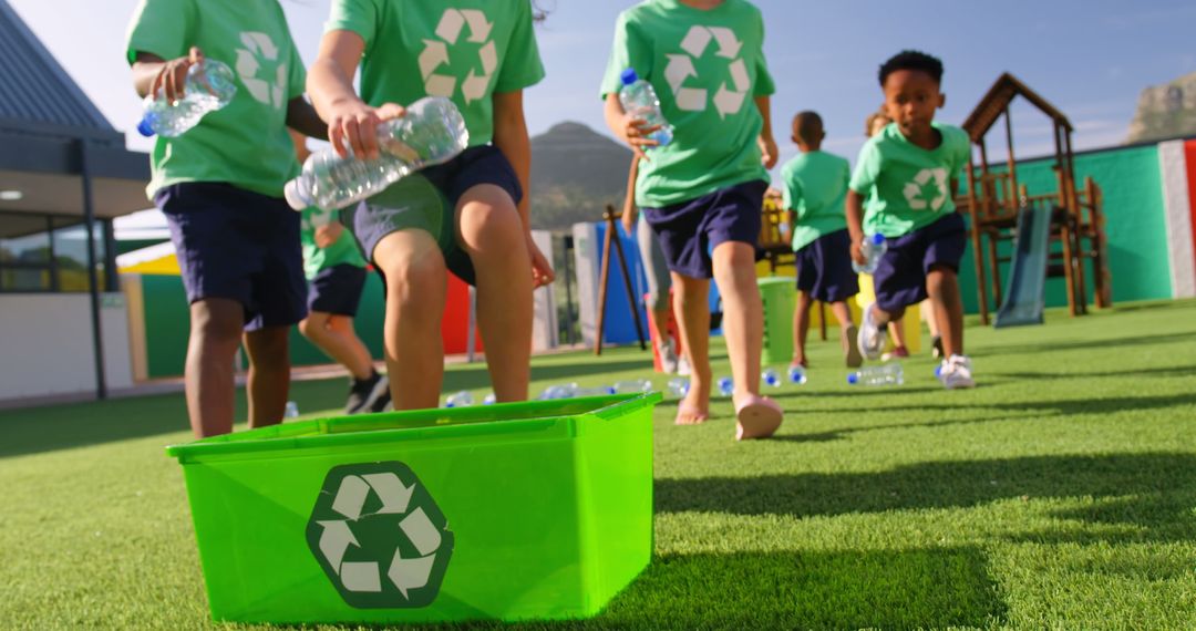 Elementary Students Recycling Plastic Bottles in School Playground