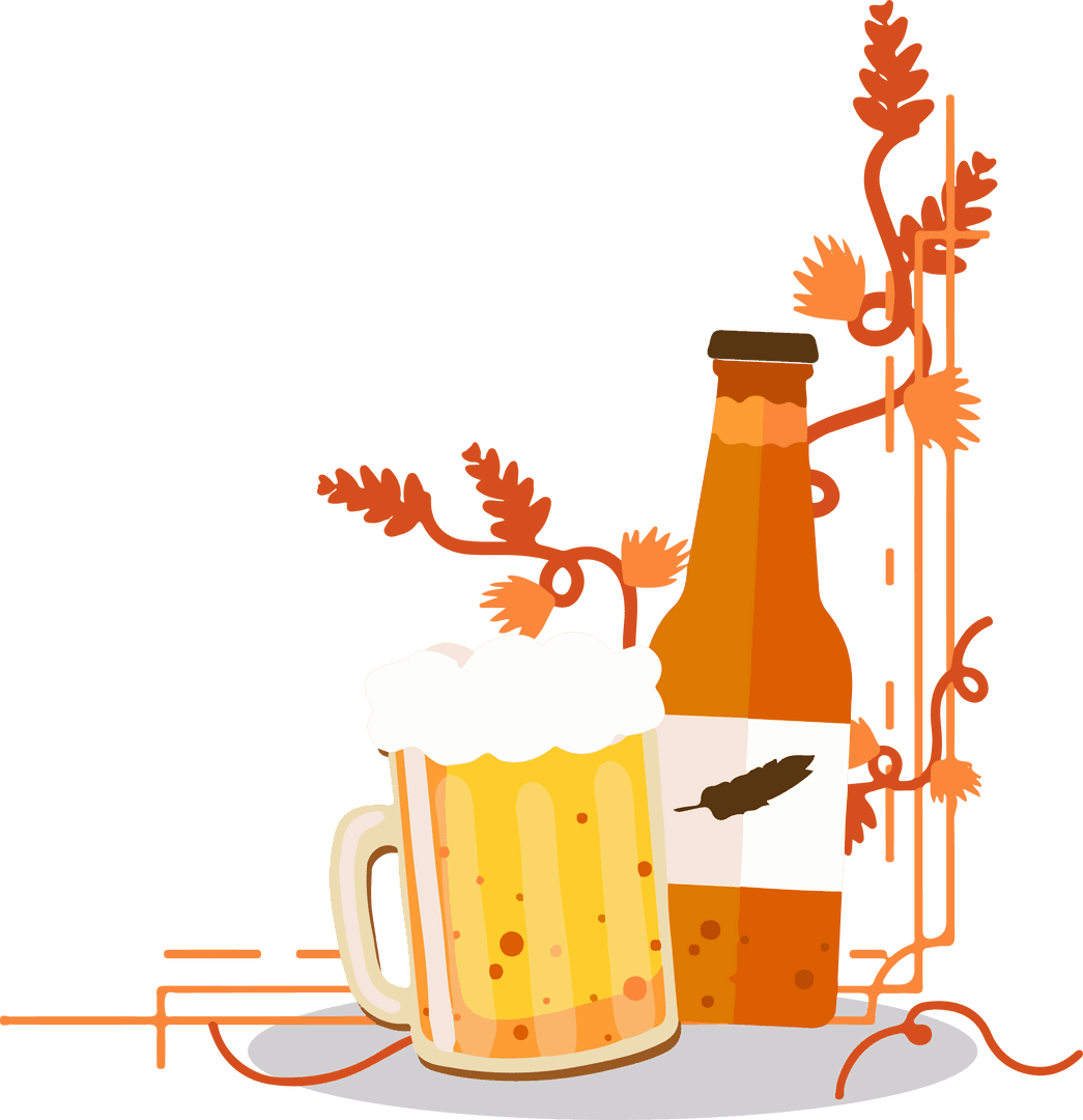 Transparent Beer Mug and Bottle with Hops on Transparent Background