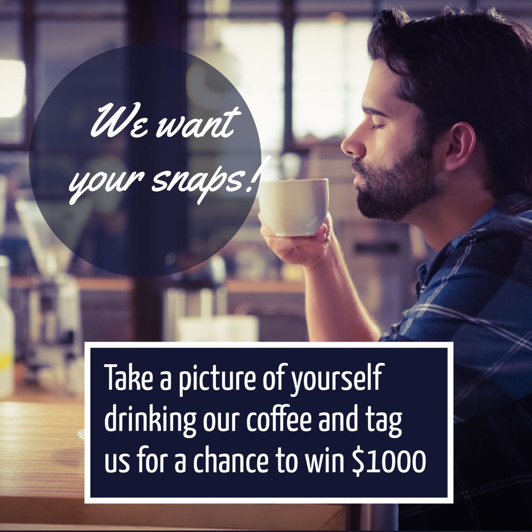 Man Enjoying Coffee in Relaxing Cafe, Encouraging Photo Contest Participation