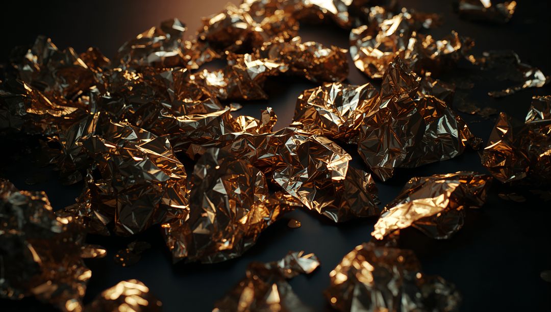 Crumpled Metallic Foil Pieces on Dark Surface Creating Abstract Pattern