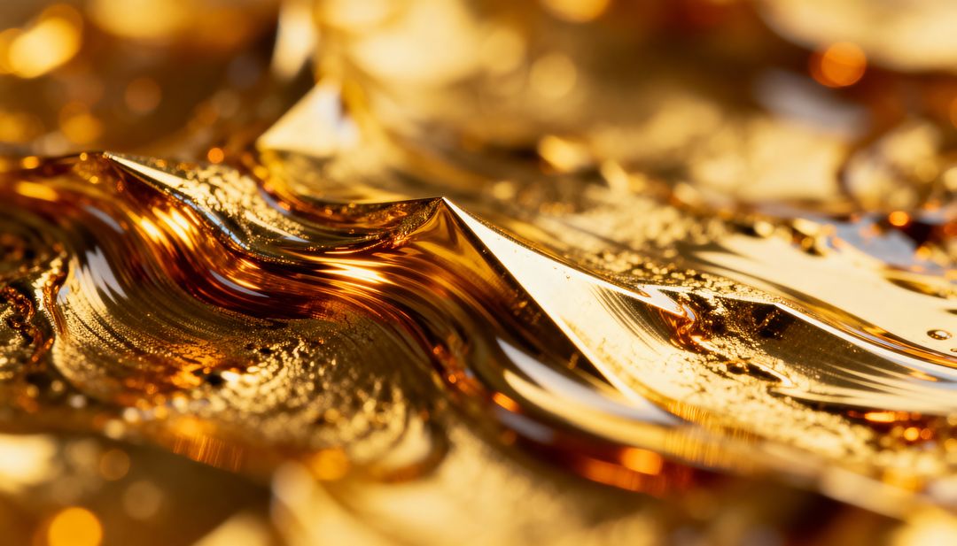 Glossy Molten Gold Waves Creating Metallic Ripples, Shimmering Texture and Bokeh