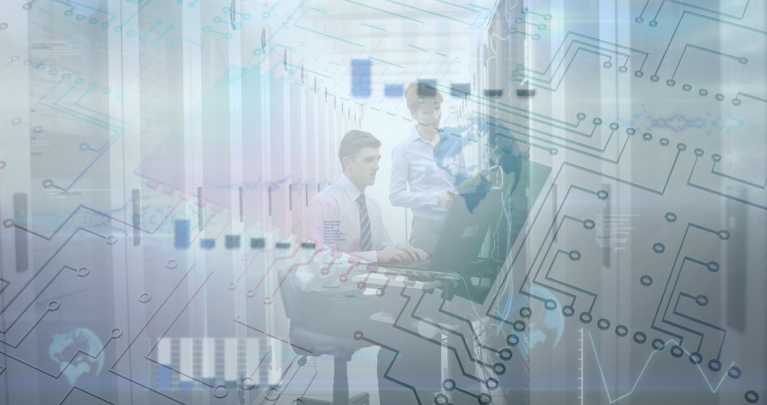 Business Professionals Analyzing Data Overlaid with Digital Interface