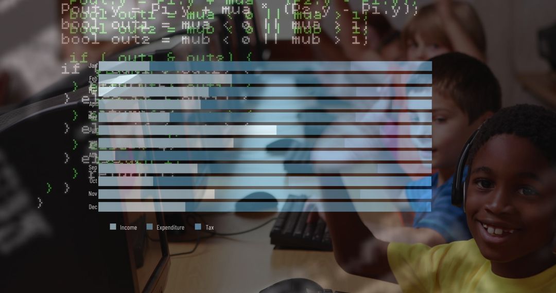 Children Learning Coding with Digital Analytics Overlay Focus