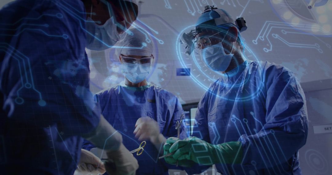 Surgical Team Performing Procedure with Digital Tech Overlay