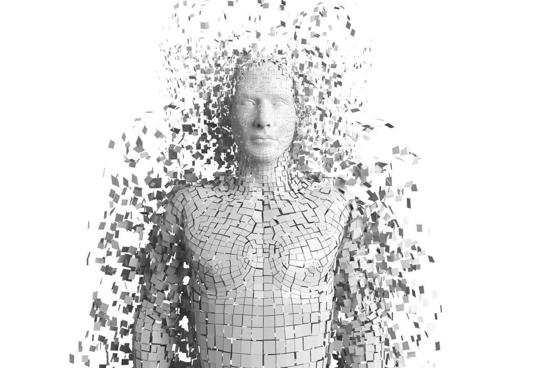 3D Model of Human Disintegrating Transparent Digital Concept