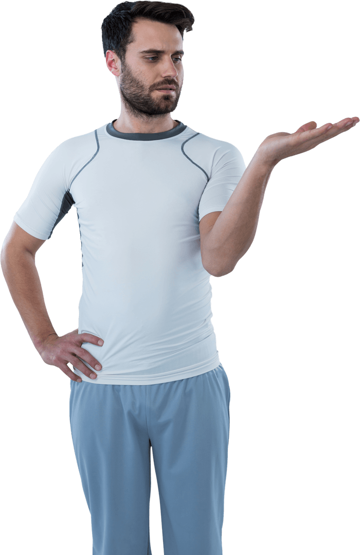 Transparent Man Gesturing with Raised Hand in Sportswear