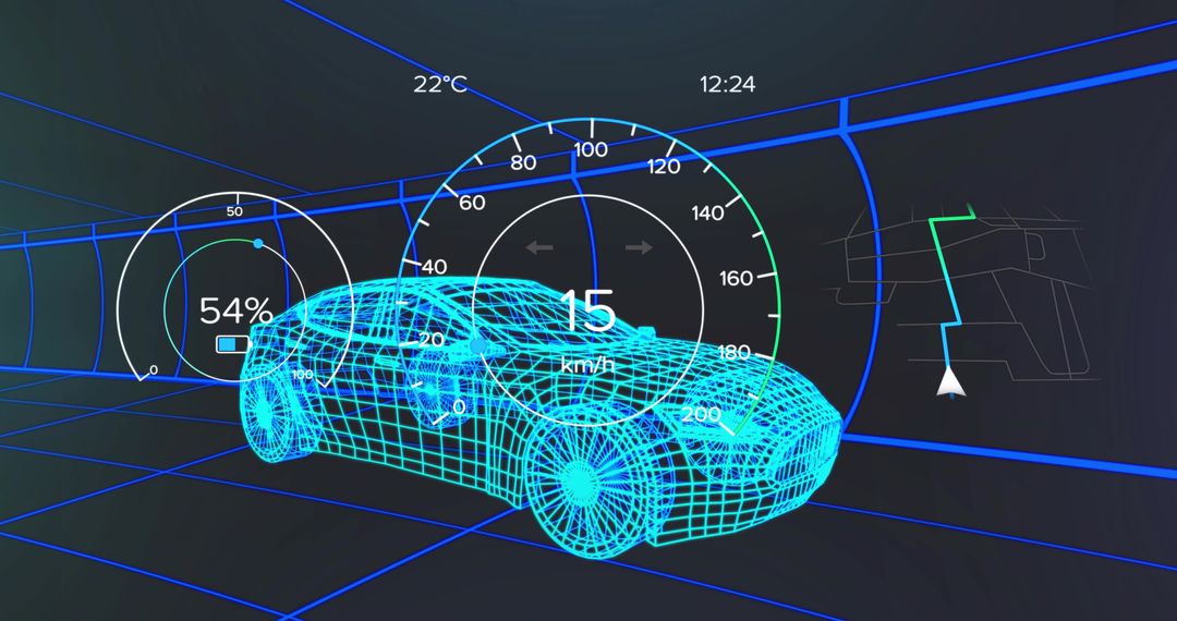 Futuristic Wireframe Car on Digital Display Panel