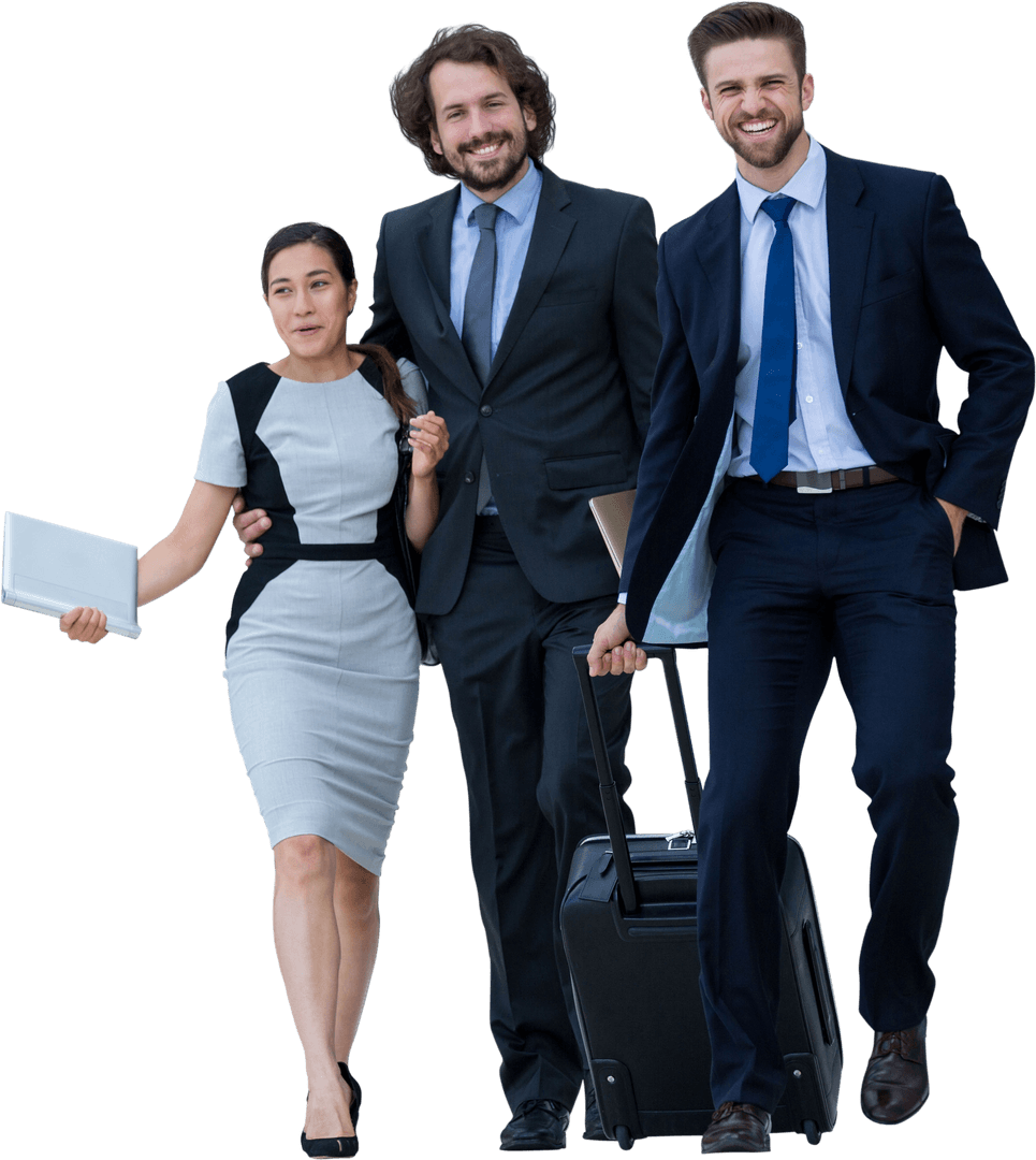 Transparent Business Team Smiling with Luggage and Documents
