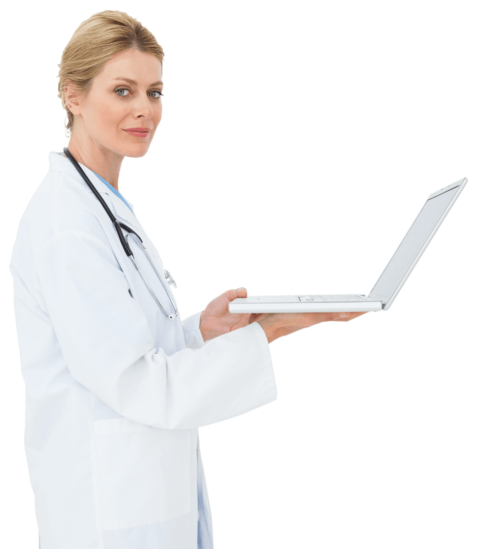 Transparent Female Doctor Using Laptop Isolated