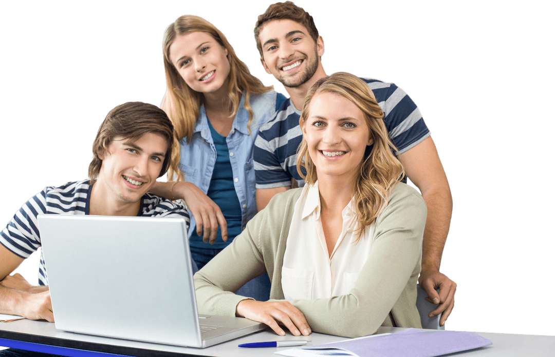 Group of Students Collaborating with Laptop on Table over Transparent Background
