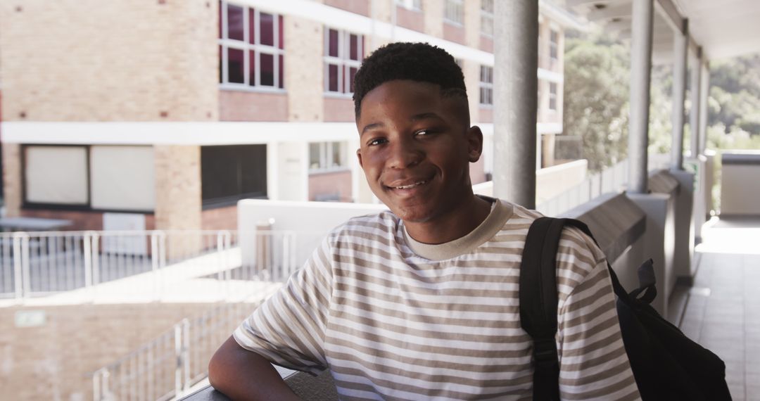 Smiling Student Relaxing Outside School with Backpack