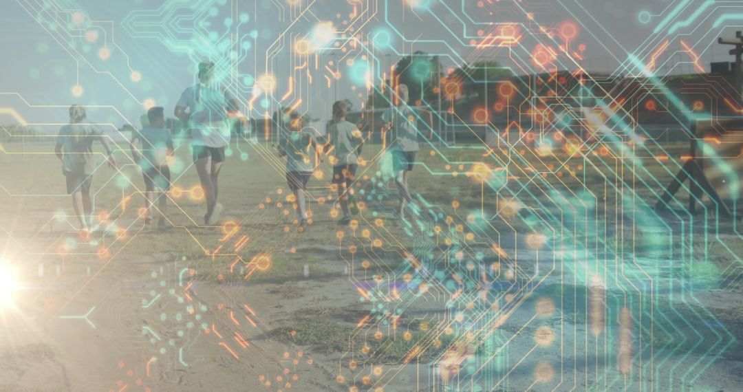 Diverse Group Jogging on Beach with Digital Circuit Overlay