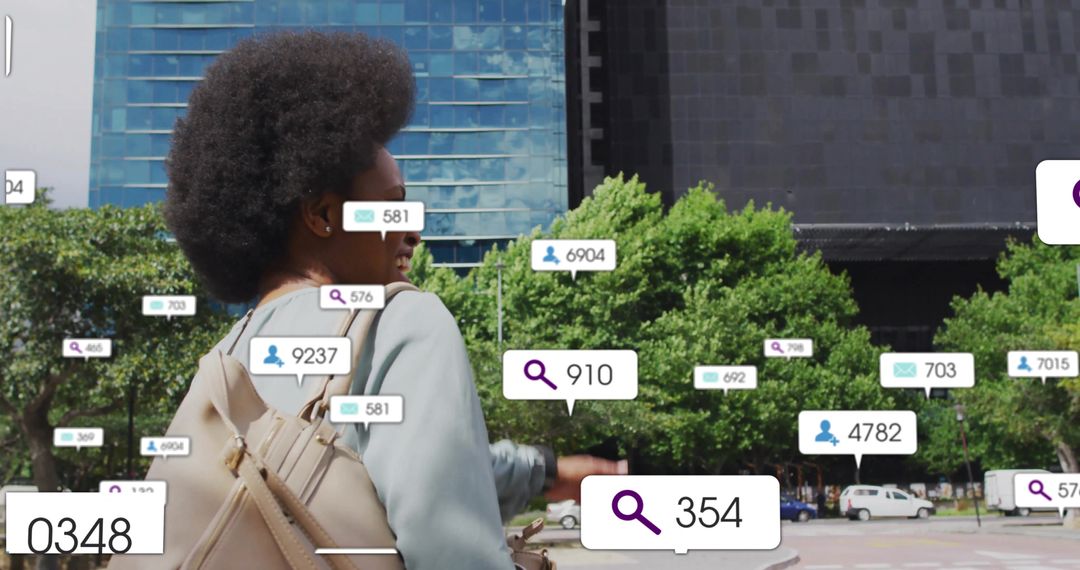 Crosswalk Surrounded by Floating Data Icons in City Scene