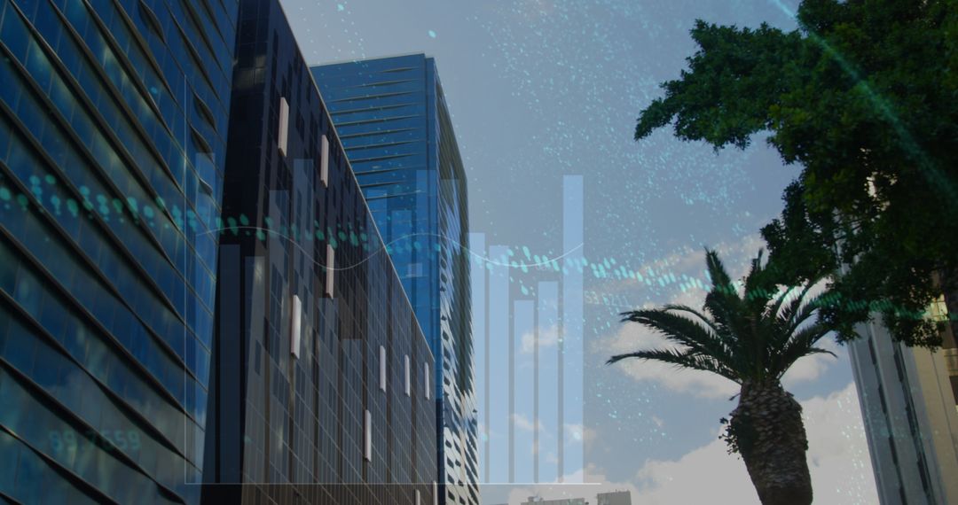 Digital Financial Growth Concept with Urban Skyscrapers and Palm Trees