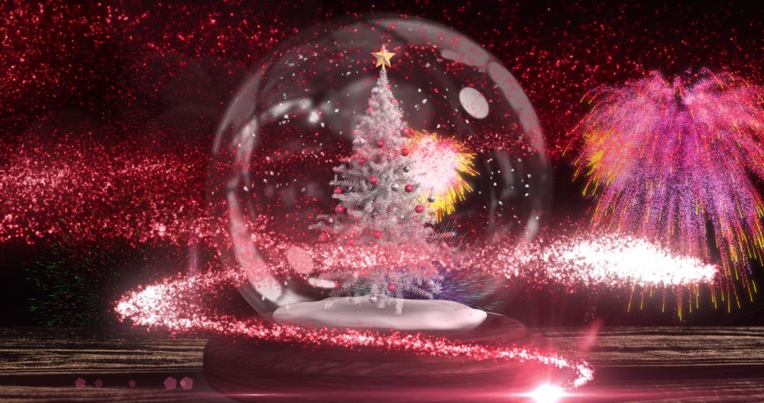 Decorated Christmas Tree in Snow Globe with Fireworks in Night Sky Celebration - Free Images, Stock Photos and Pictures on Pikwizard.com