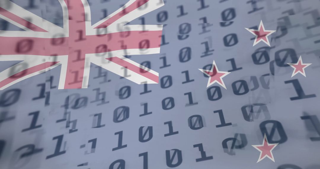 New Zealand Flag with Binary Code Matrix Representing Digital Innovation