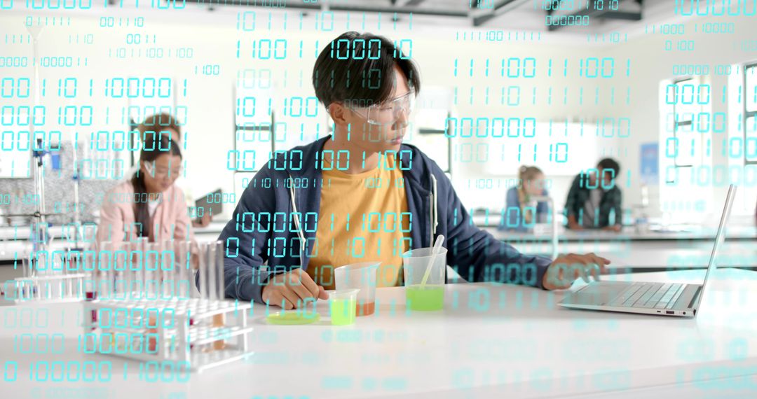 Asian teen conducting colorful chemistry experiment with laptop and binary data overlay