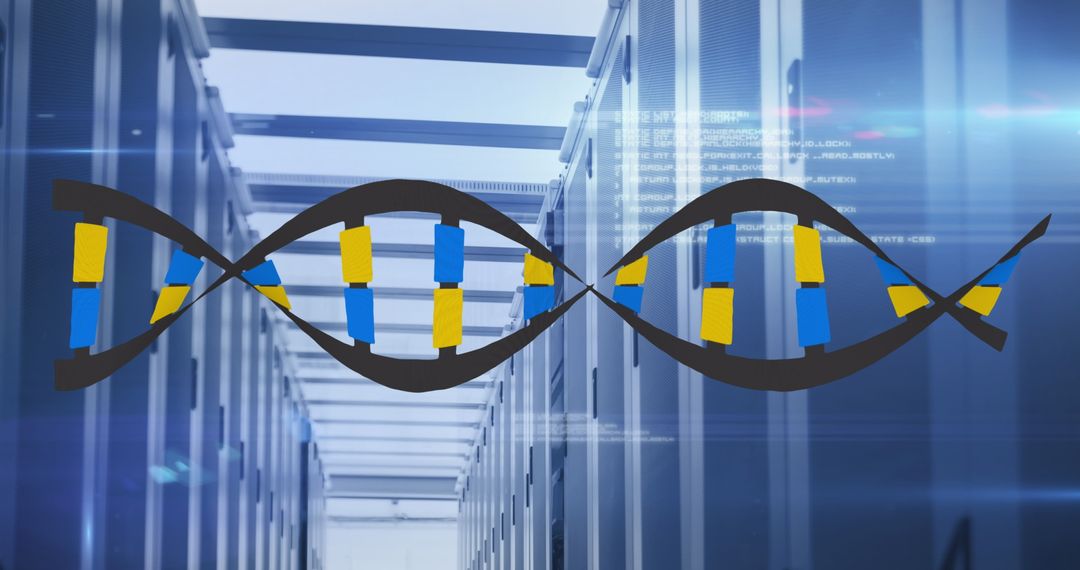 DNA Helix Overlaid on Futuristic Data Server Room