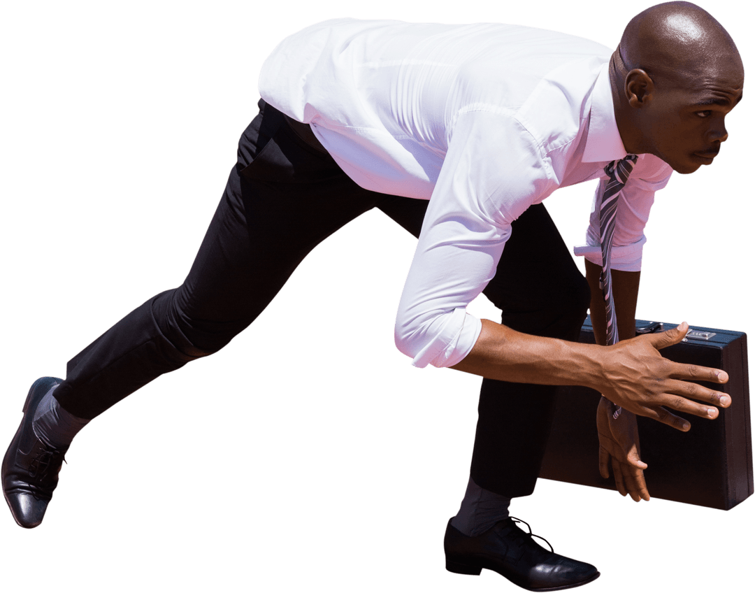 African American Businessman Sprinting with Briefcase on Transparent Background