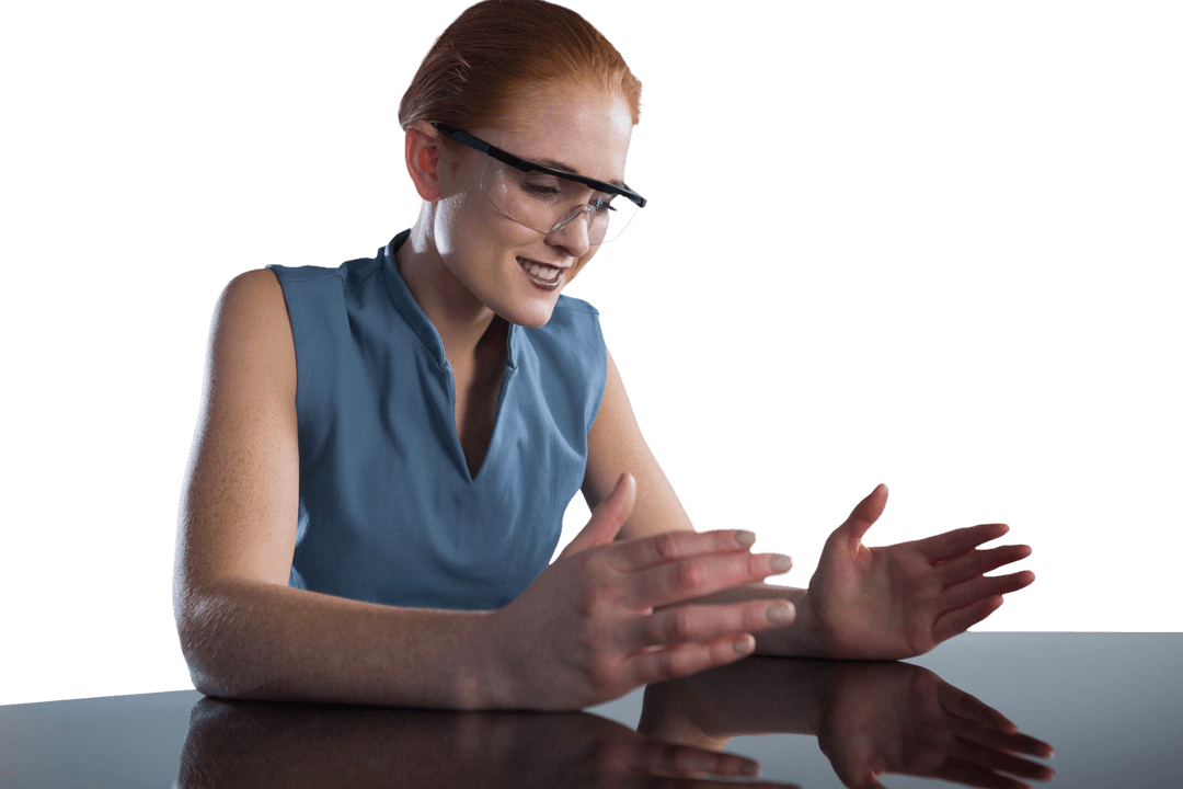 Smiling Businesswoman in Smart Glasses Engaging Discussion on Transparent Table