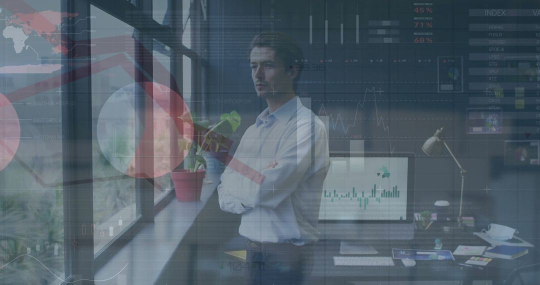 Businessman Reflecting on Financial Data Insights in Modern Office