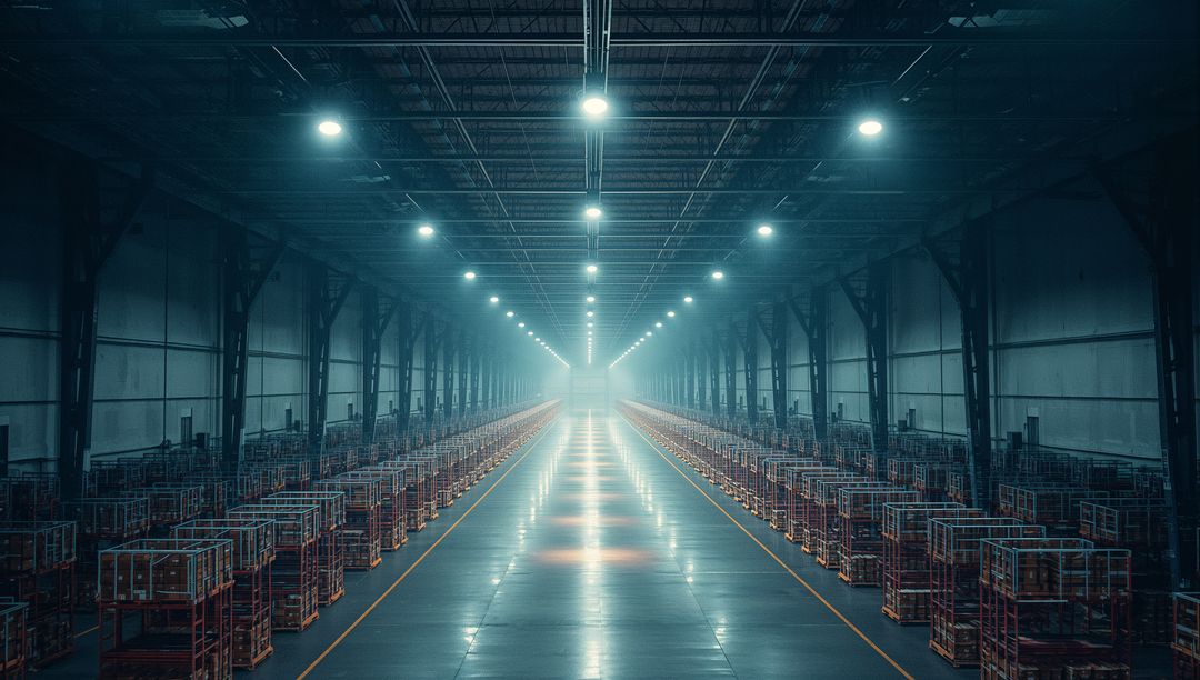 Vast Warehouse Aisle with Repetitive Symmetry and Wire Cages