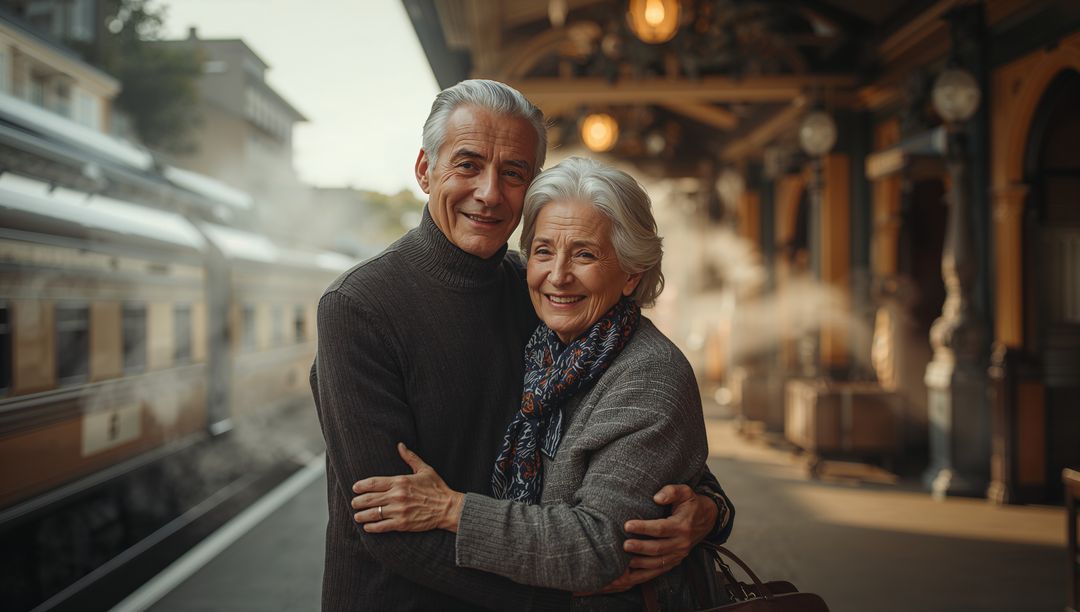 Senior Couple Embracing on Vintage Train Platform, Smiling, Travel Romance and Nostalgia