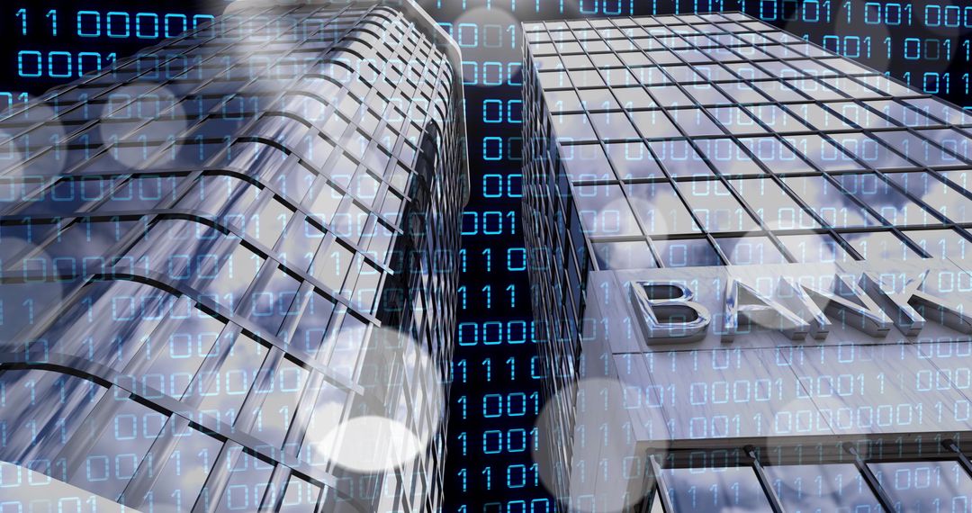 Digital Binary Code Overlay on Modern Bank Skyscrapers