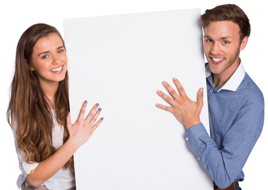 Smiling Young Couple Holding Blank Transparent Board