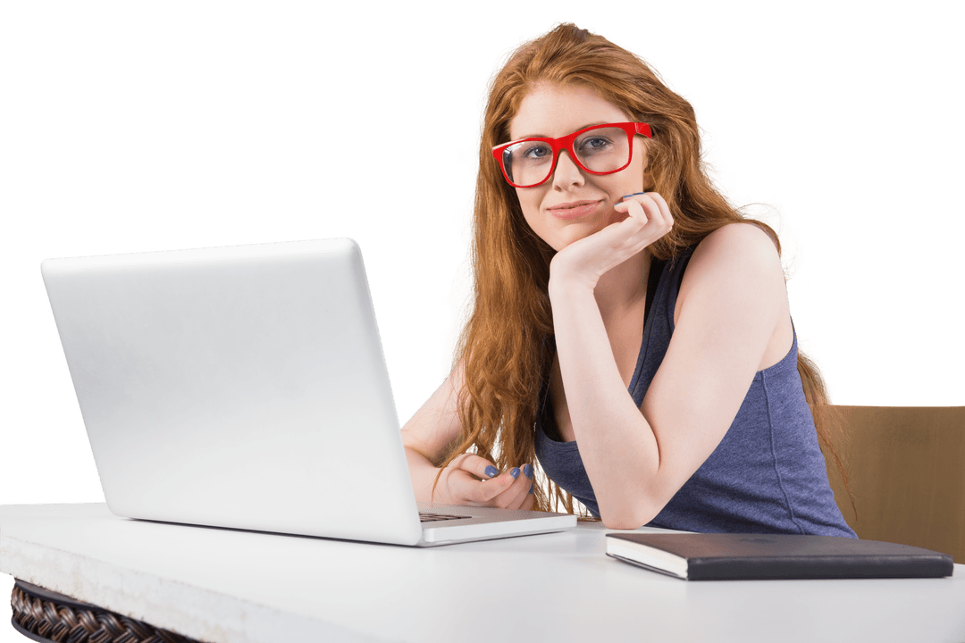Confident Redhead Wearing Red Glasses Using Laptop with Transparent Background