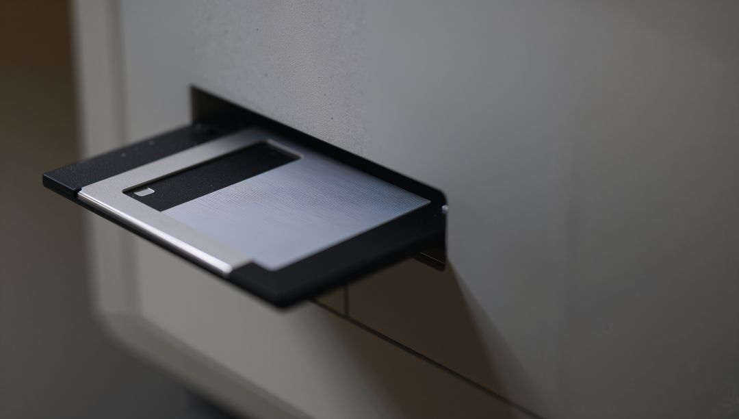 Inserting 3.5-inch Floppy Disk into Beige Drive Slot Retro Vintage Closeup Computer