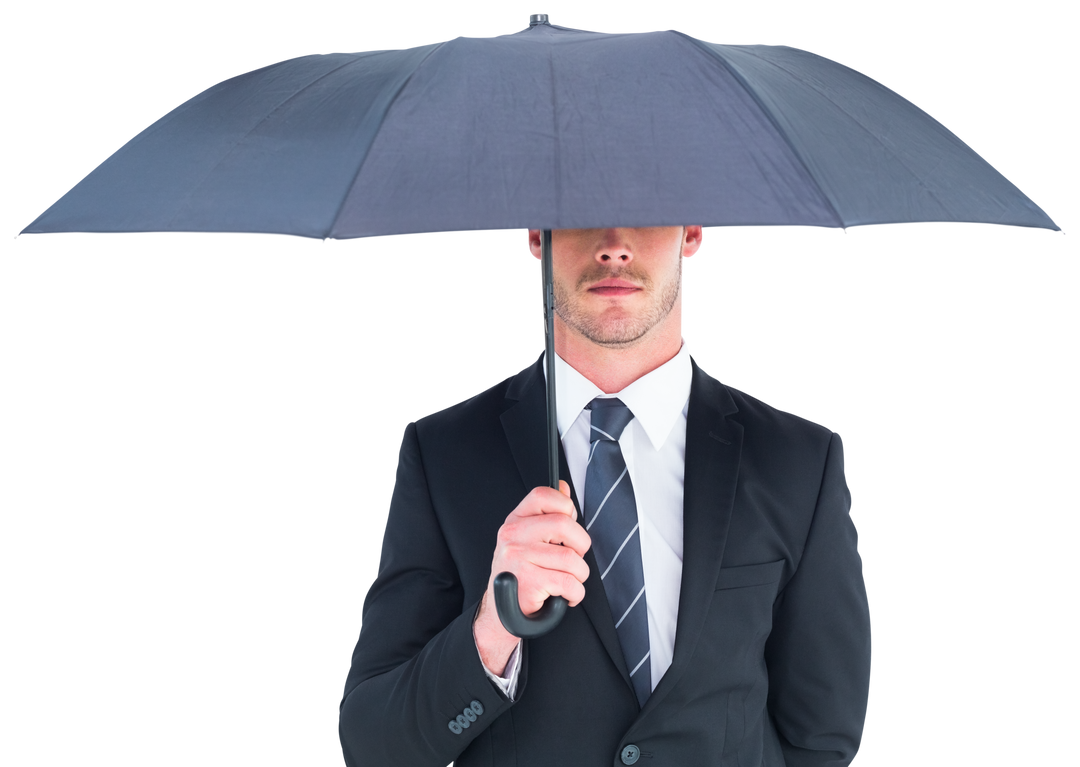 Transparent Businessman Holding Umbrella Blocking Face Modest Expression - Download Free Stock Images Pikwizard.com