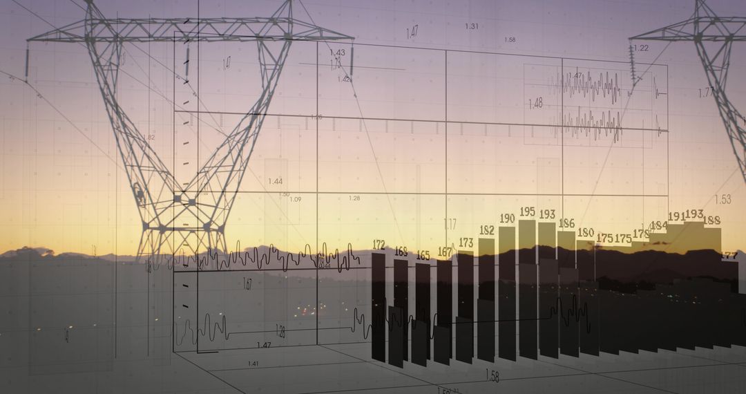 Power transmission tower at dusk with data visualization overlay and energy analytics