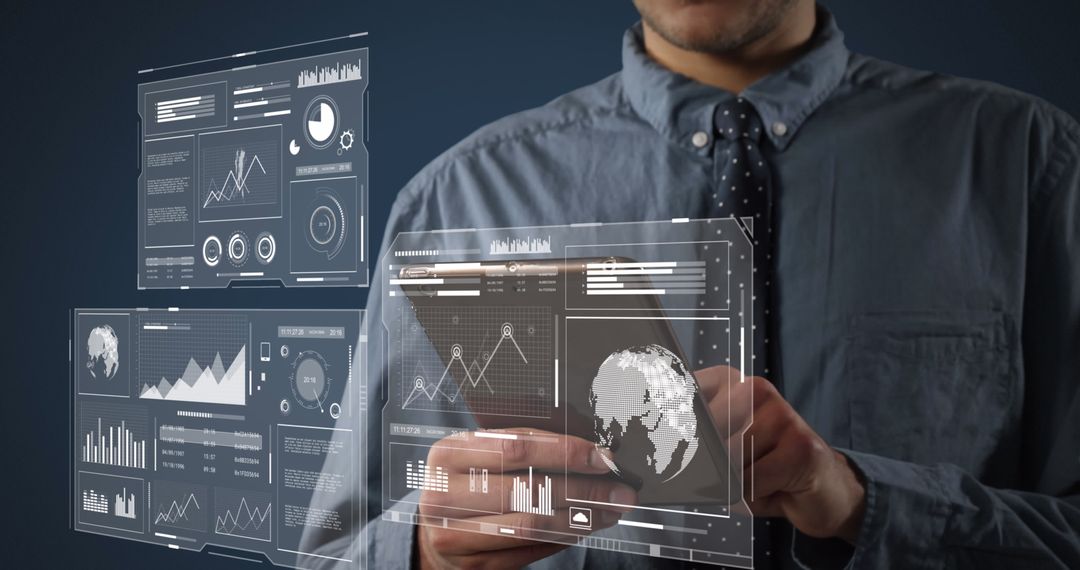 Businessman Analyzing Digital Data on Virtual Interface Tablet