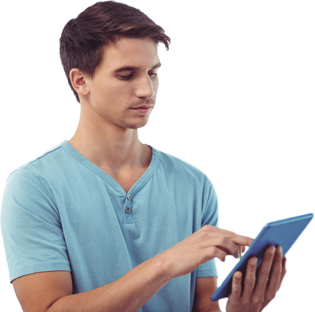 Caucasian Man Holding Tablet on Transparent Background