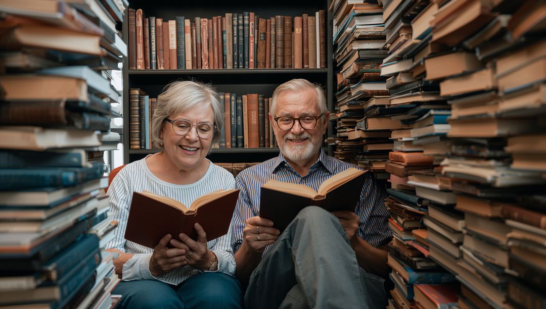 Senior Couple Reading Together in Cozy Library Aisle Surrounded by Vintage Books and Smiles