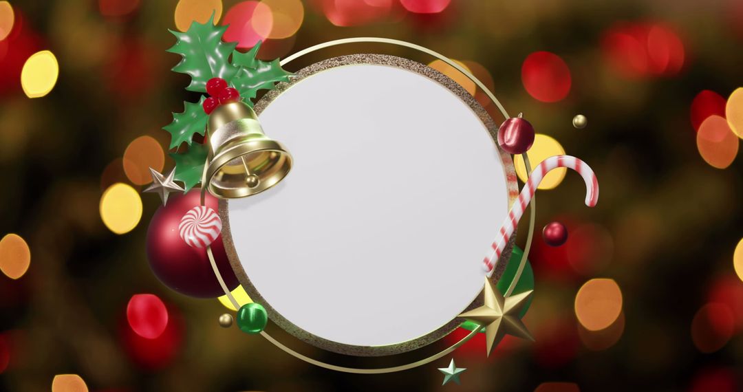 Festive Christmas Frame with Decorations and Bokeh Lights
