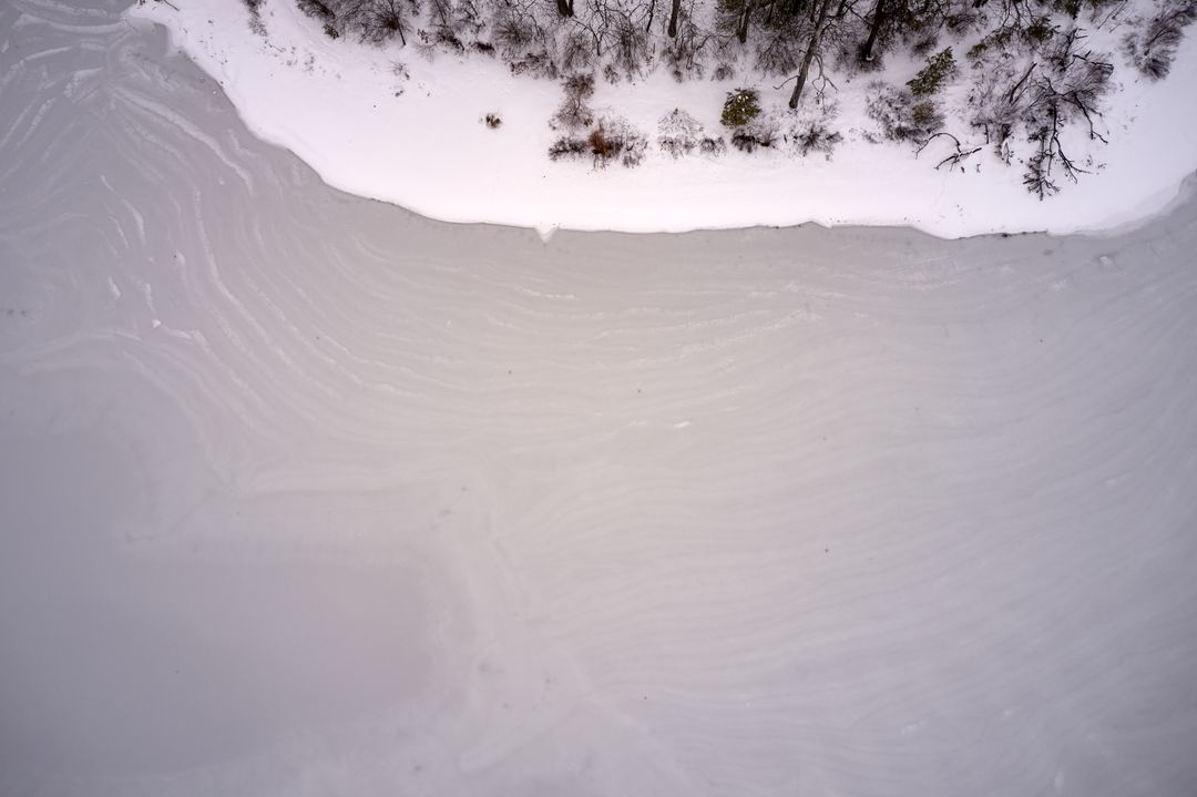 Aerial top-down view of frozen lake shoreline with snow-covered trees and rippled ice