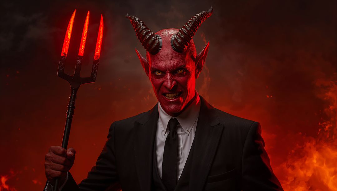 Fiery Demon in Suit with Glowing Trident in Hellish Abyss